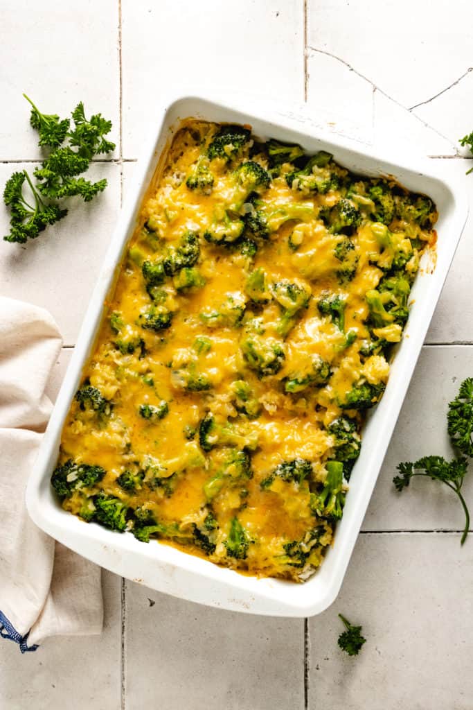 Top down view of broccoli casserole in a pan.