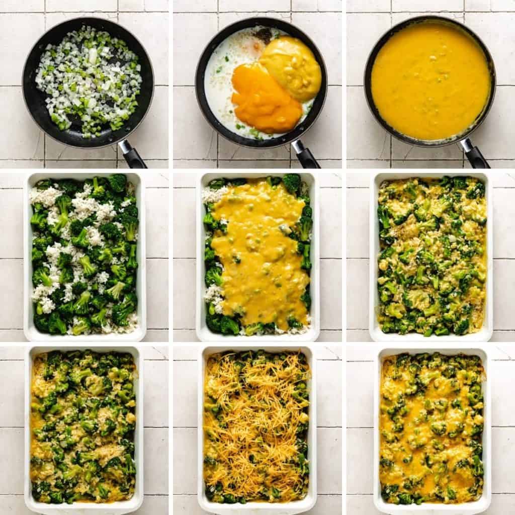 Collage showing how to make broccoli rice casserole.