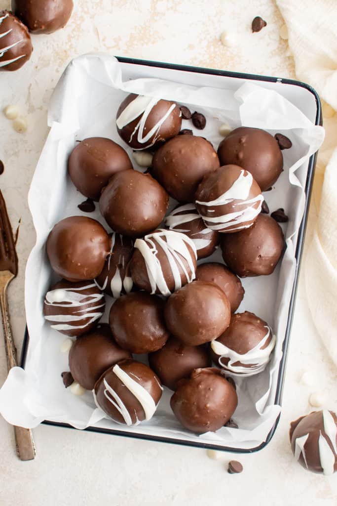 Top down view of brownie truffles.