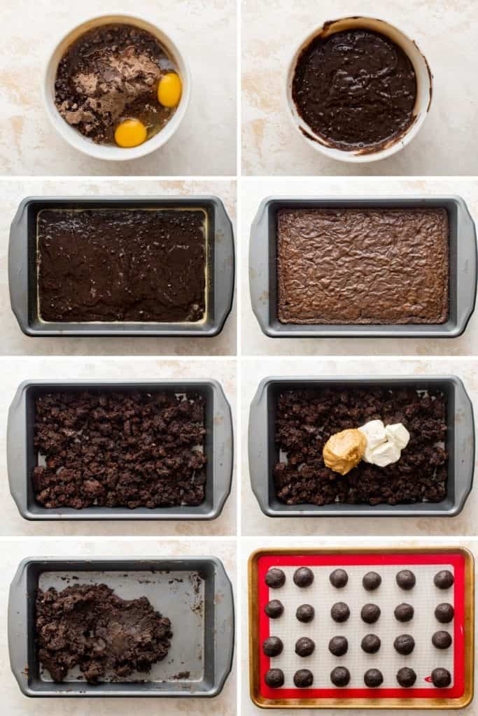 Collage showing how to form brownie truffles.