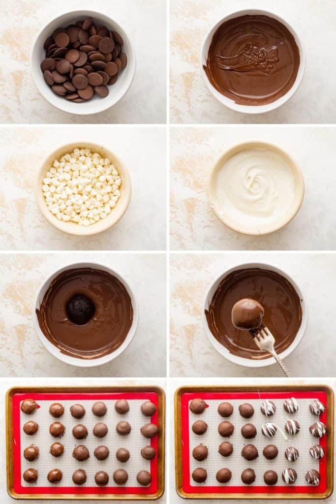 Collage showing how to dip brownie truffles in chocolate.