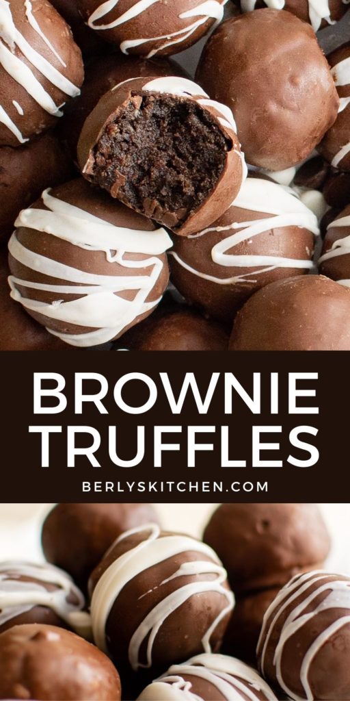 Two photos of brownie truffles in a collage.