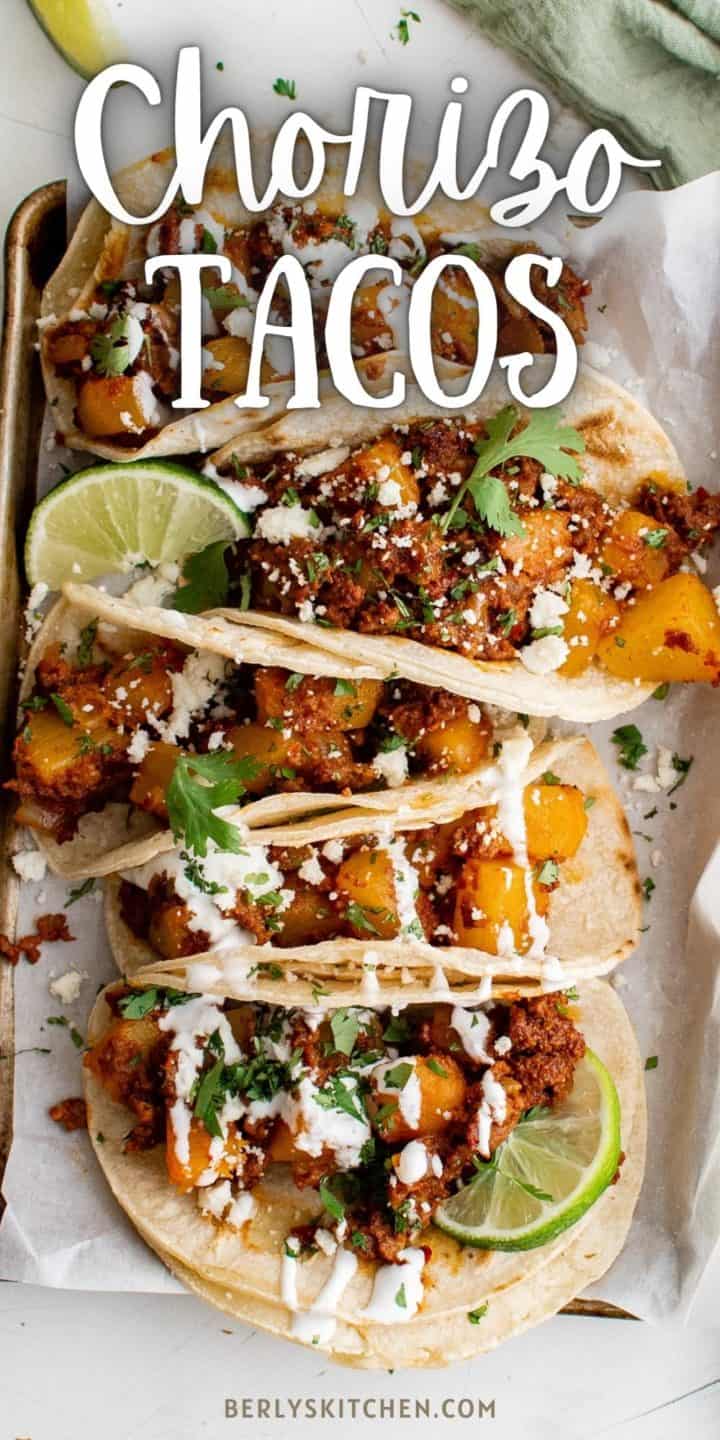 Top down view of chorizo tacos in a row.
