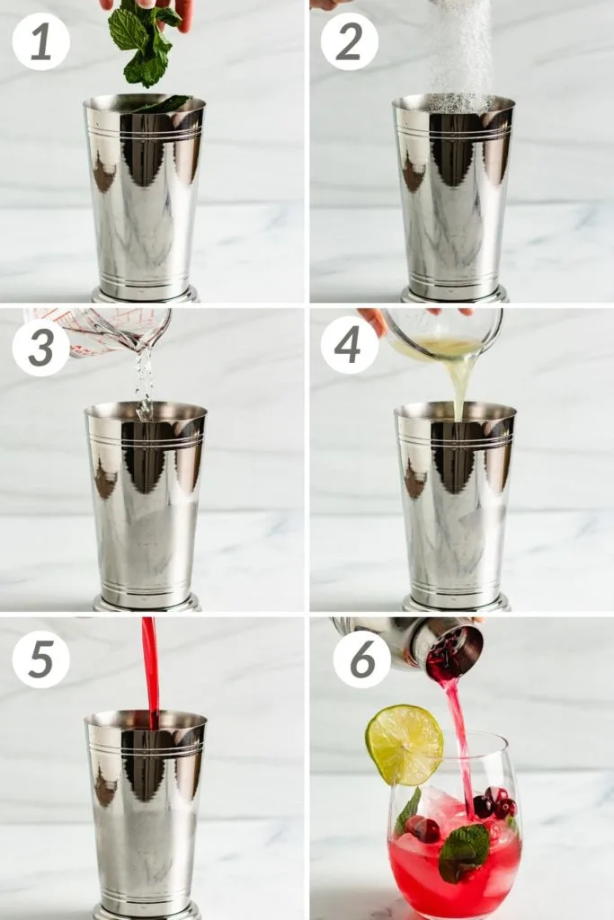 Collage showing how to make a cranberry mojito.