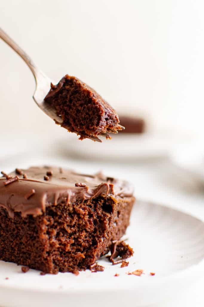 Bite of chocolate cake on a fork.