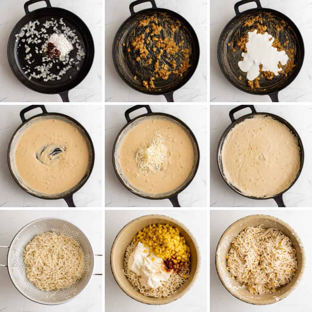 Collage showing how to make elote ramen.