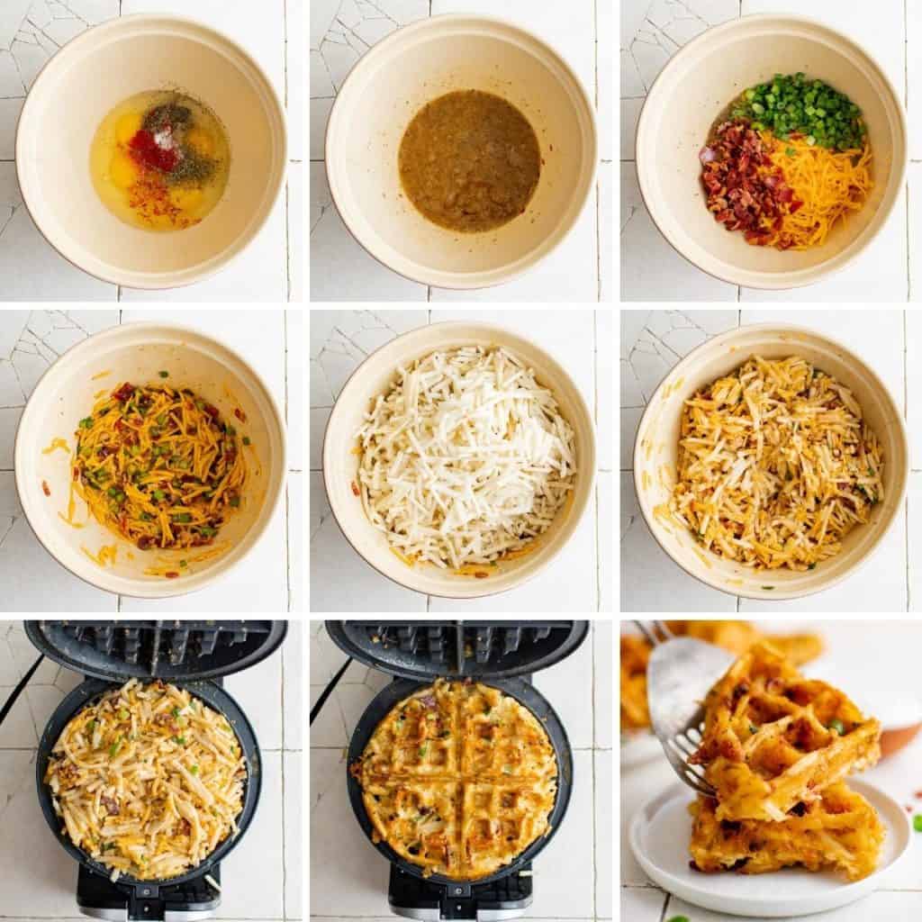 Collage showing how to make hash brown waffles.