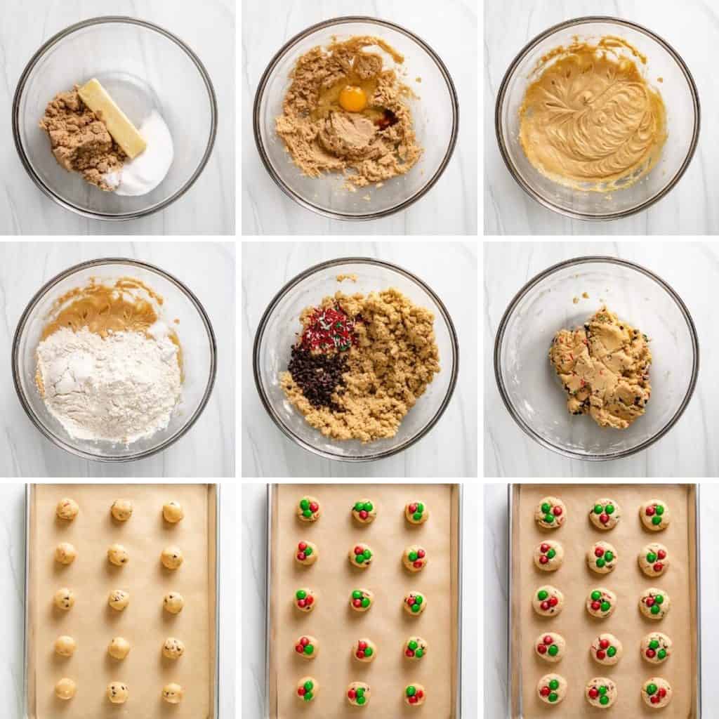 Collage showing how to make mini Christmas cookies.