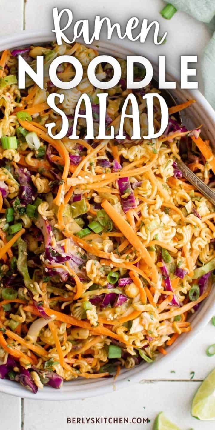 Close up view of ramen noodle salad in a bowl.