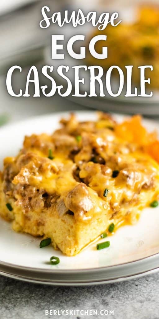 Close up of a serving of sausage egg casserole.