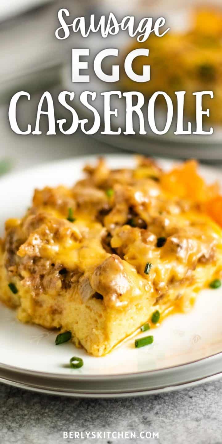 Close up of a serving of sausage egg casserole.