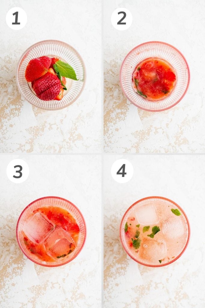Collage showing how to make a strawberry mojito.
