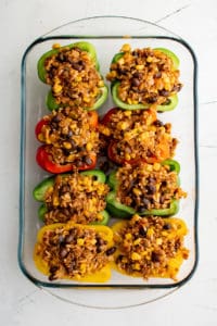 Bell peppers filled with stuffing mix.