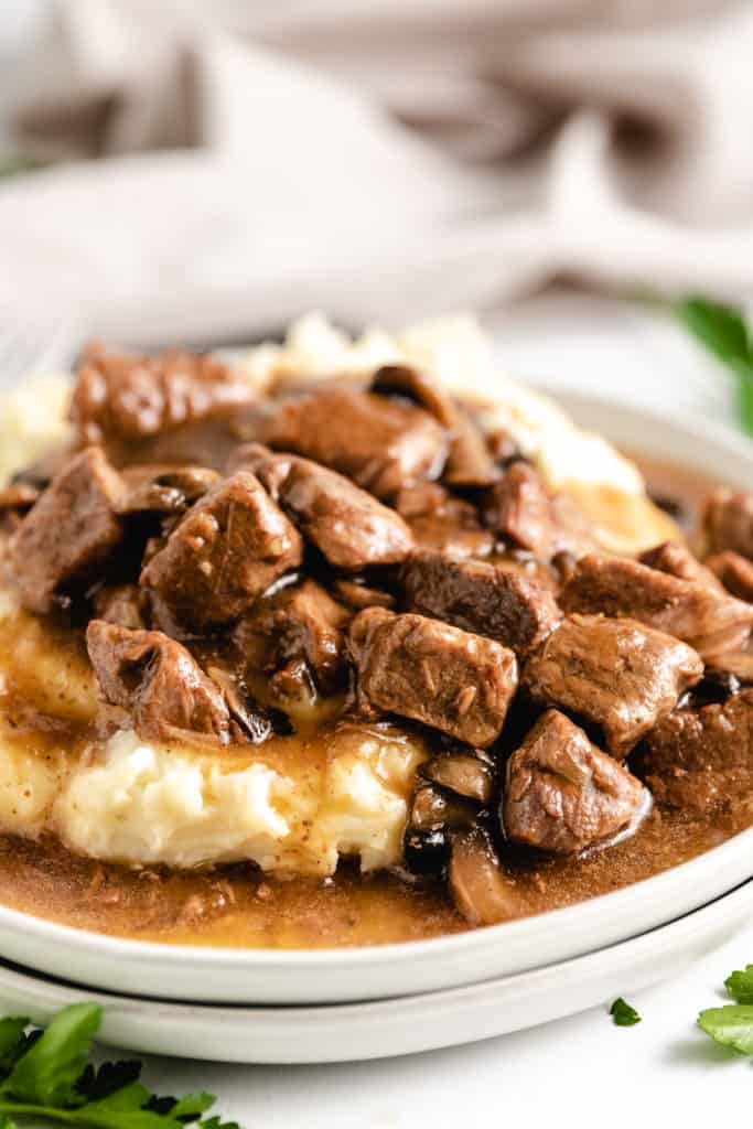 Close up of beef tips and gravy.