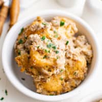 Close up view of biscuit and gravy casserole in a bowl