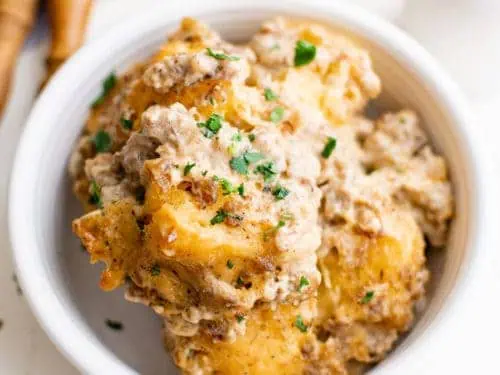 Close up view of biscuit and gravy casserole in a bowl