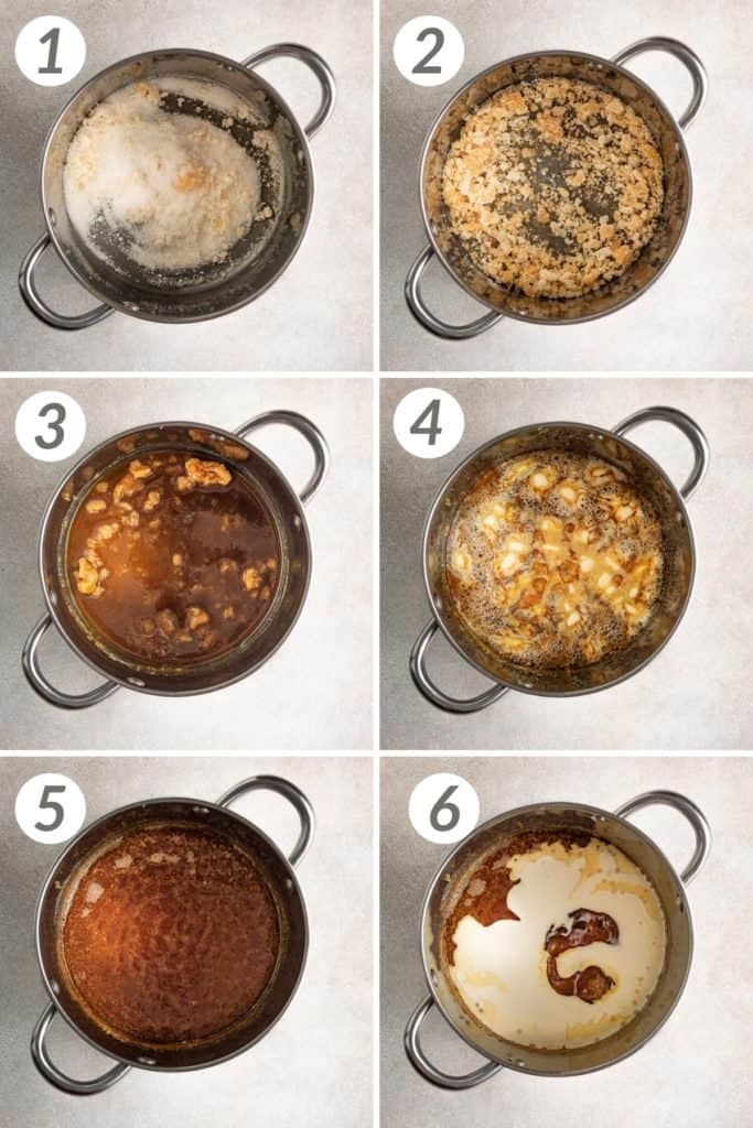 Collage showing how to make caramel sauce.