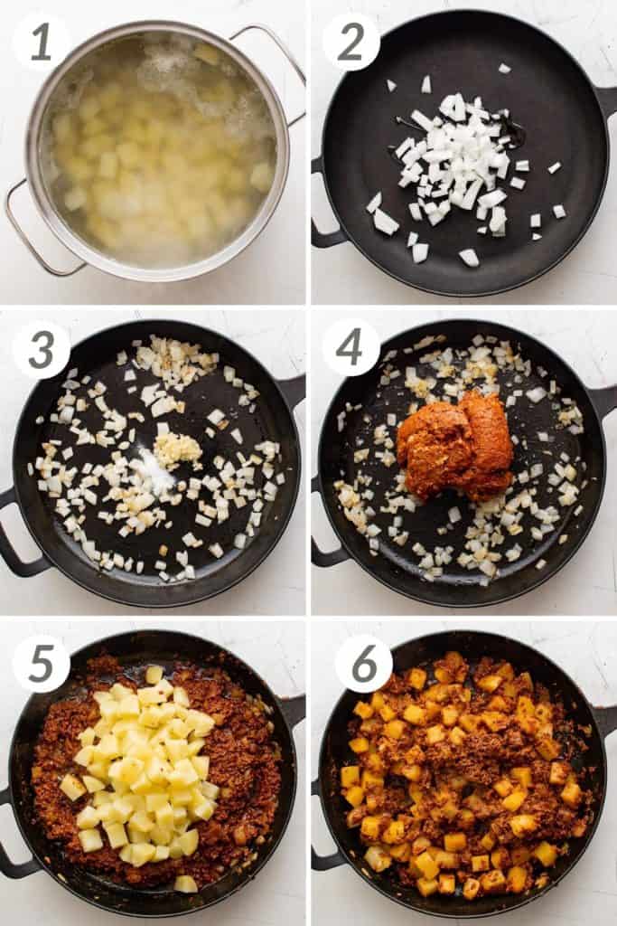 Collage showing how to make chorizo tacos.