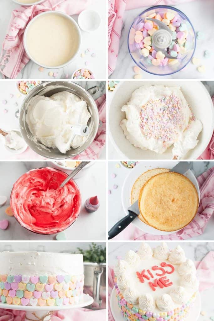 Collage showing how to make a conversation heart cake.