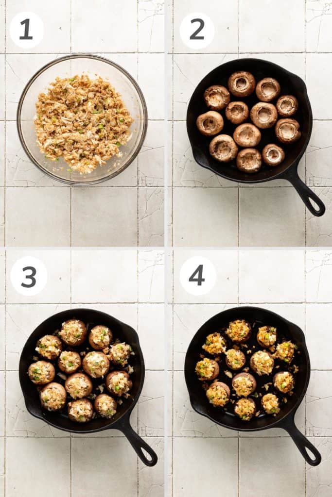 Collage showing how to make crab stuffed mushrooms.