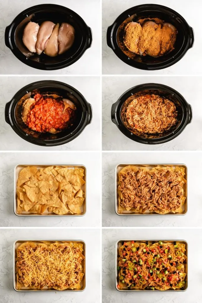 Collage showing how to make crockpot chicken nachos.