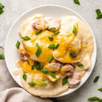 Crockpot pierogi and kielbasa casserole on a plate. 