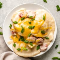 Crockpot pierogi and kielbasa casserole on a plate.  