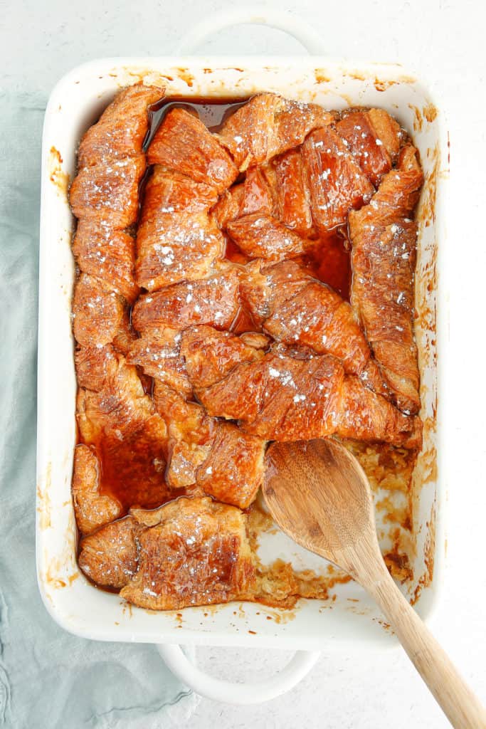 Top down view of a croissant bake in a pan.