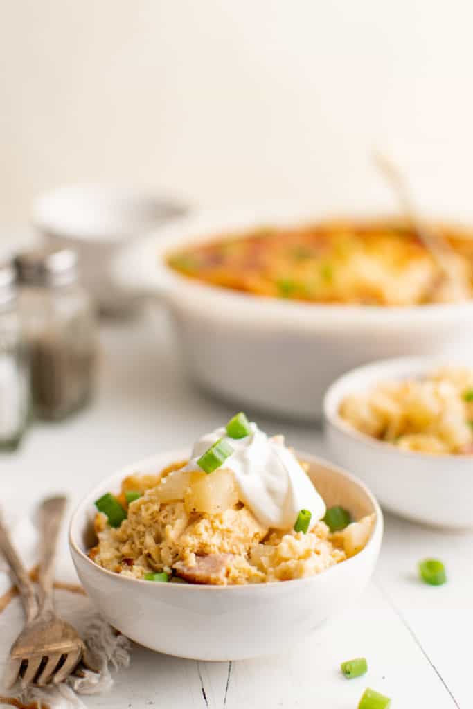 Several dishes filled with farmer's casserole.