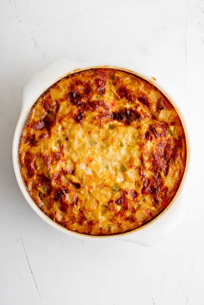 Freshly baked farmer's casserole in a pan.