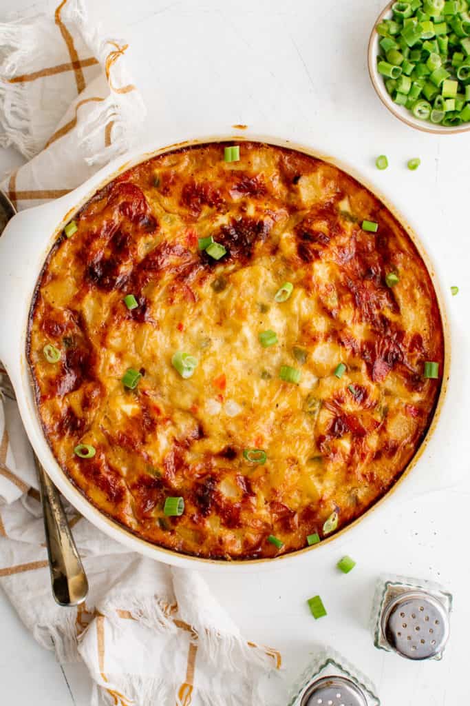 Top down view of browned farmer's casserole.