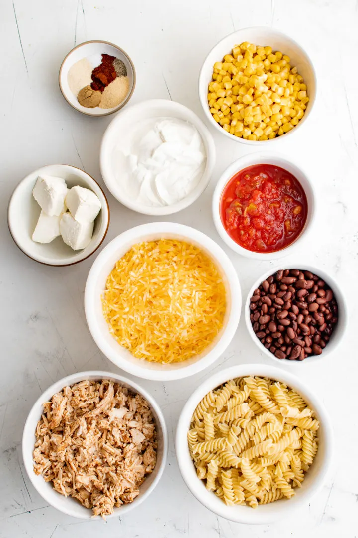 Ingredients needed for fiesta chicken casserole.