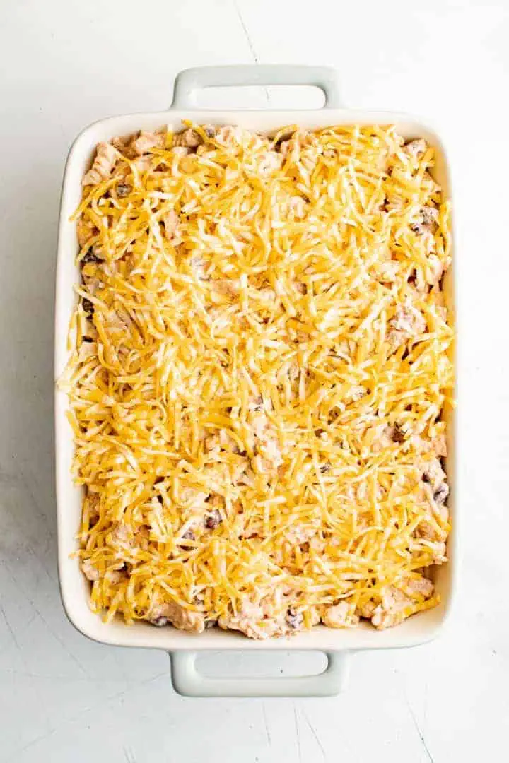 Shredded cheese on chicken casserole.