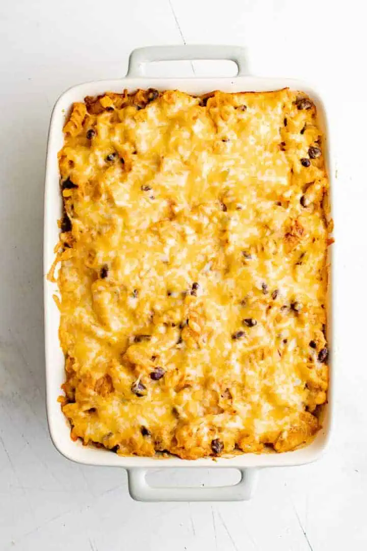 Top down view of melted cheese on casserole.