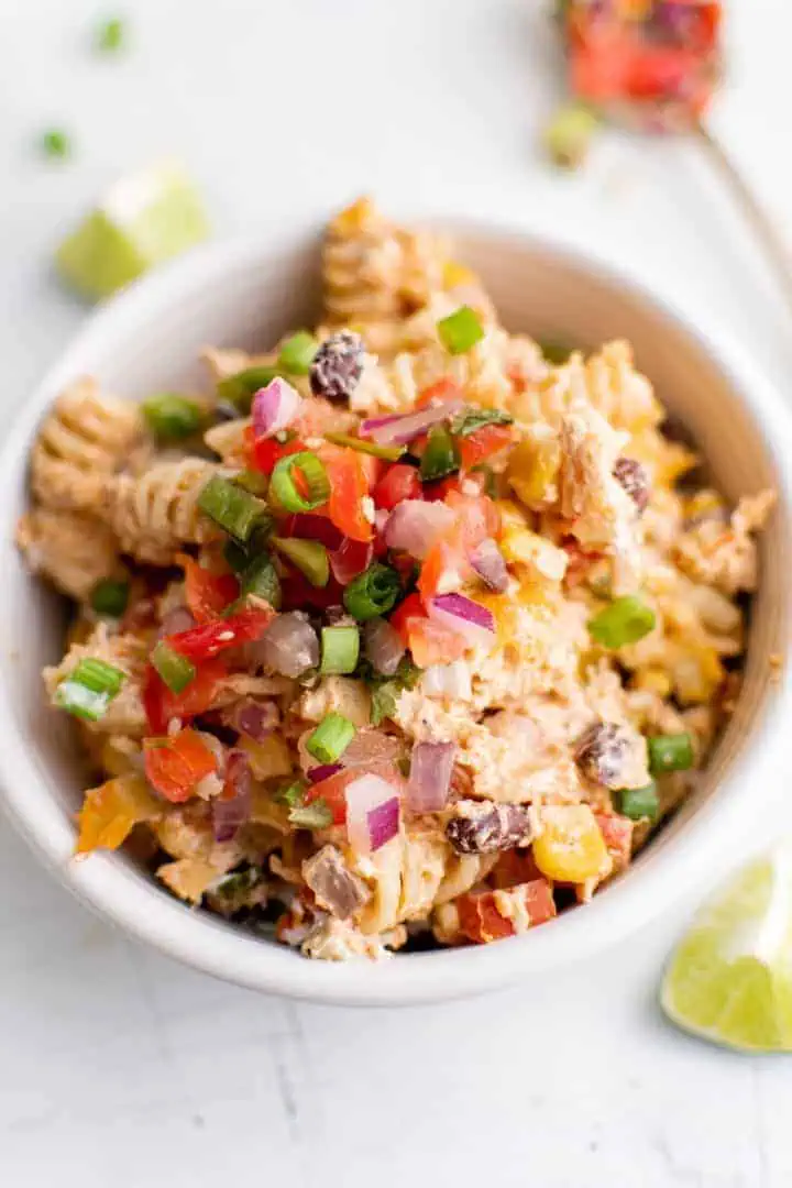 Close up view of casserole in a serving dish.