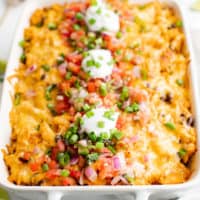 Fiesta chicken casserole in a baking dish.