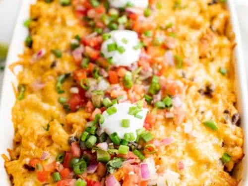 Fiesta chicken casserole in a baking dish.