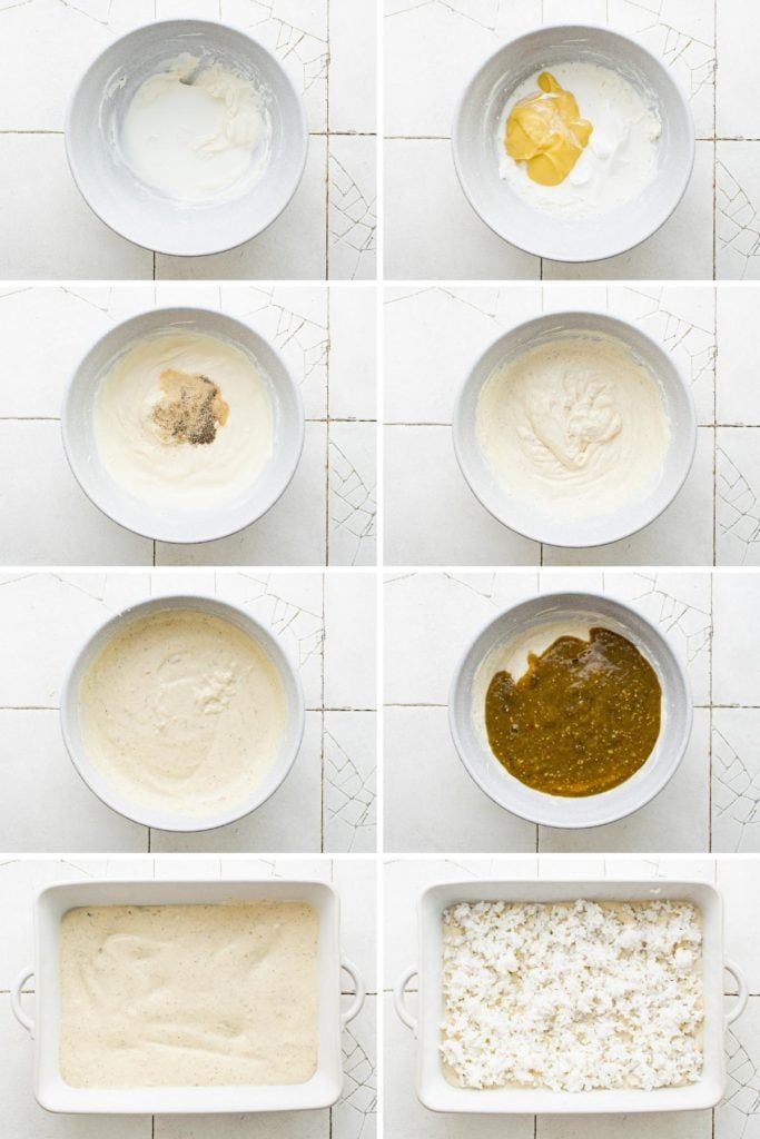 Collage showing how to make green chile cream sauce.