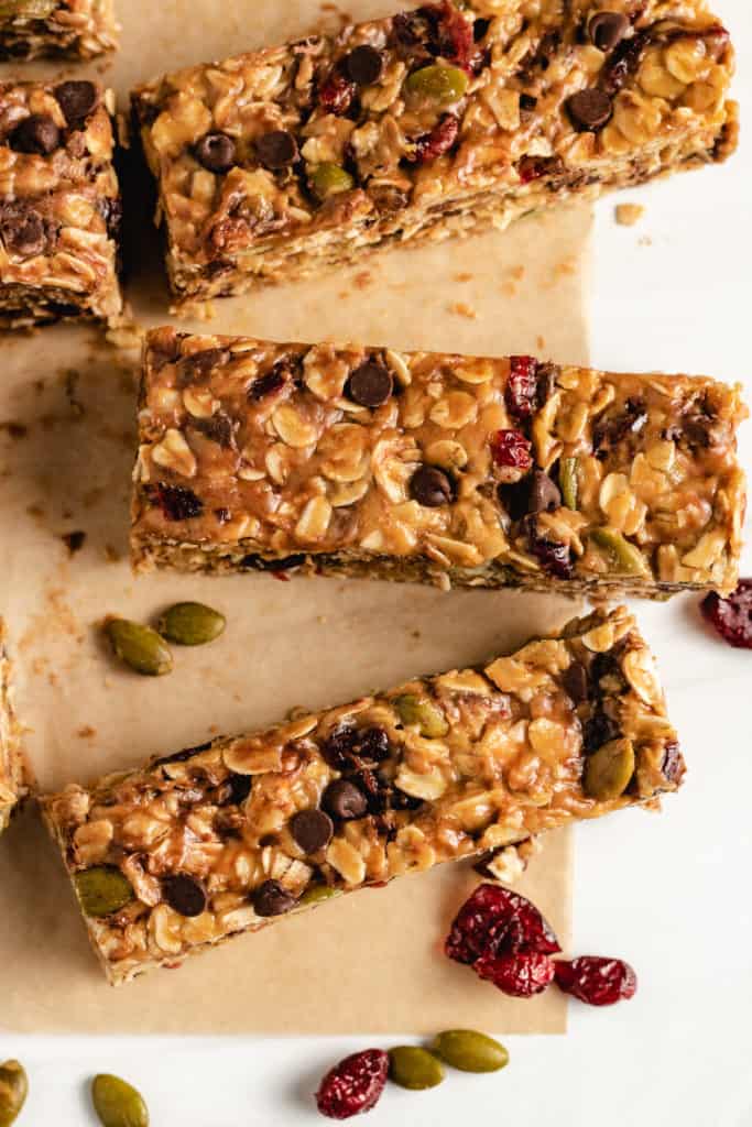 Cut granola bars on brown parchment paper.