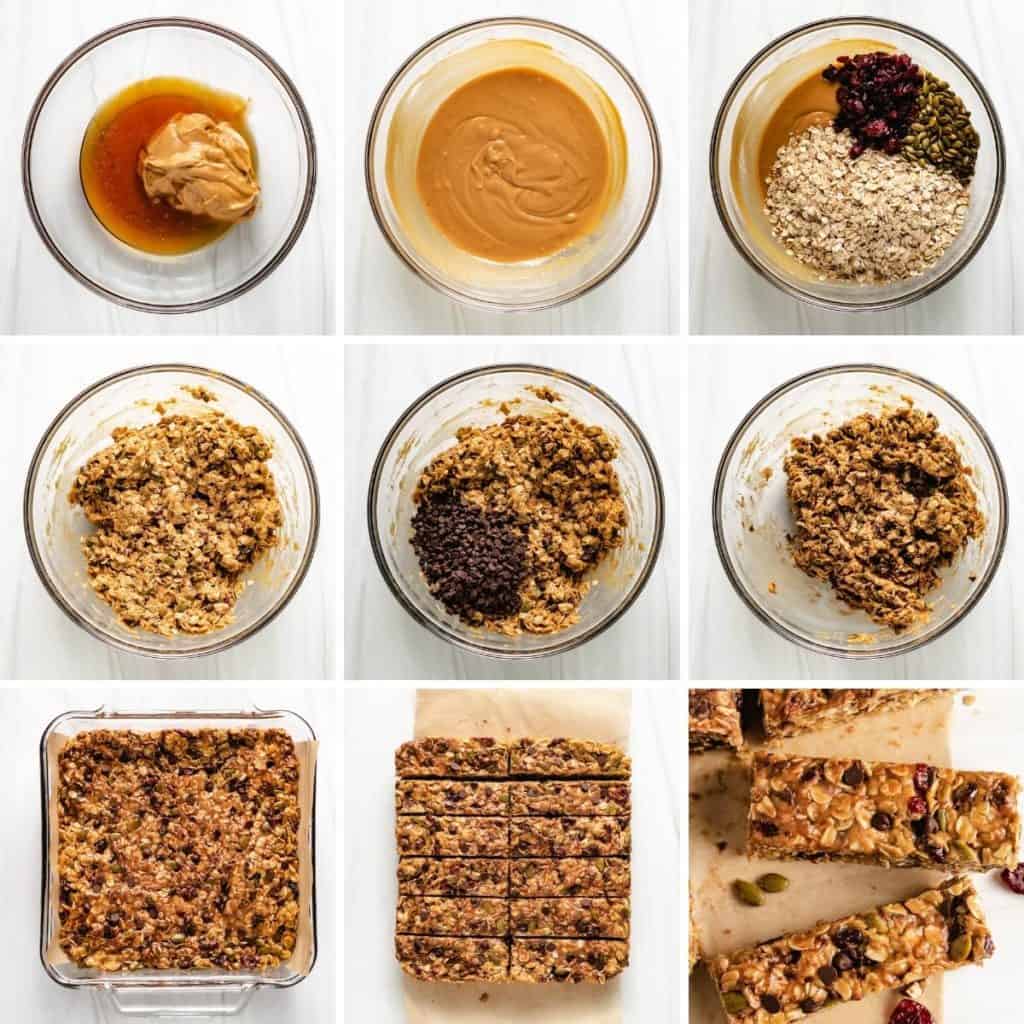 Collage showing how to make homemade granola bars.