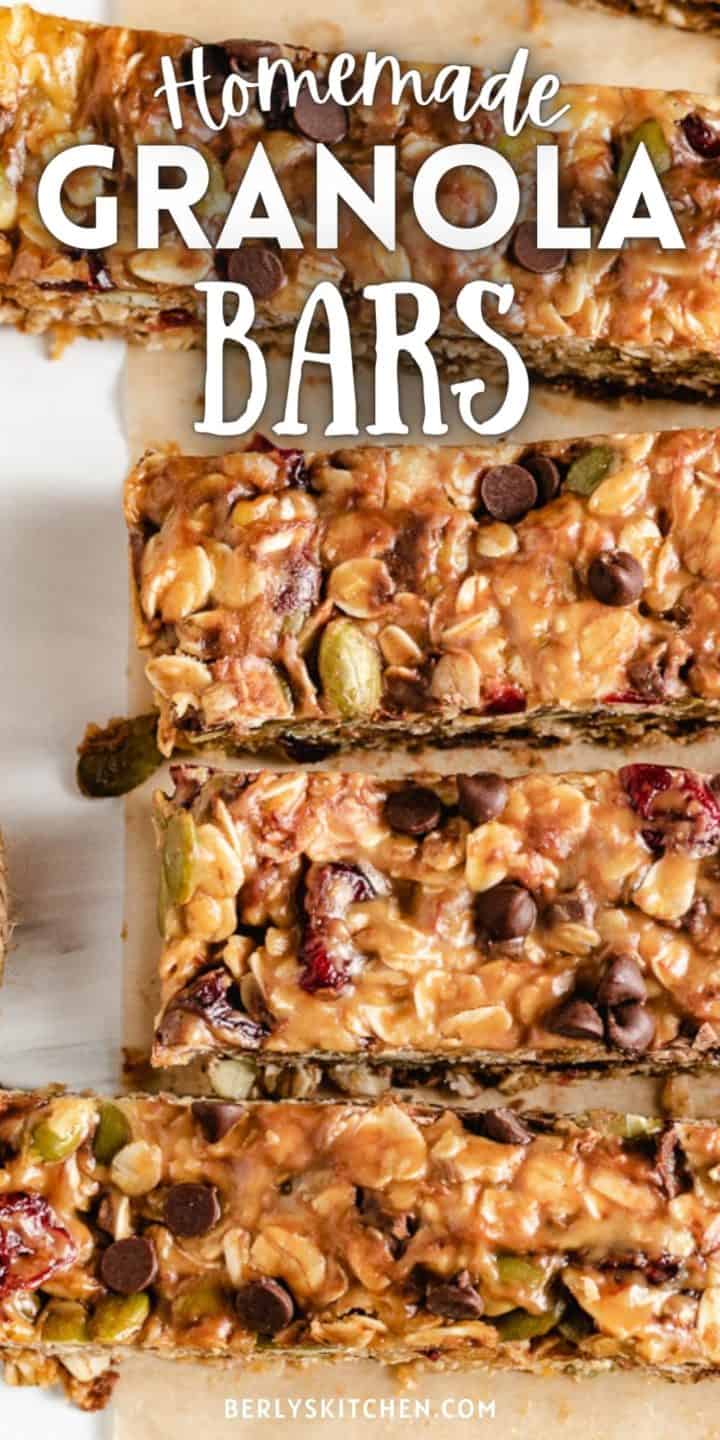 Close up view of homemade granola bars with chocolate chips.