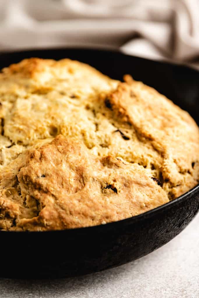 Close up view of bread in a skillet.