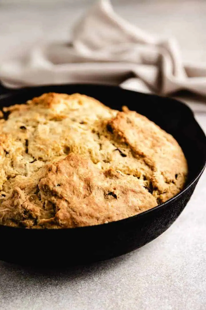 Bread in a cast iron skillet.