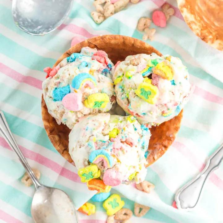 Top down view of ice cream in a bowl.