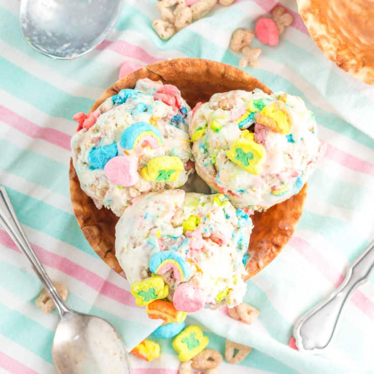Top down view of ice cream in a bowl.