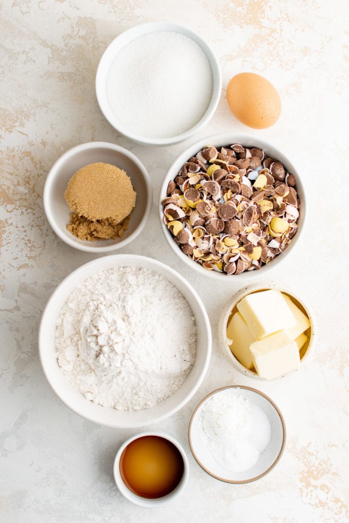 Ingredients needed for mini egg cookies.