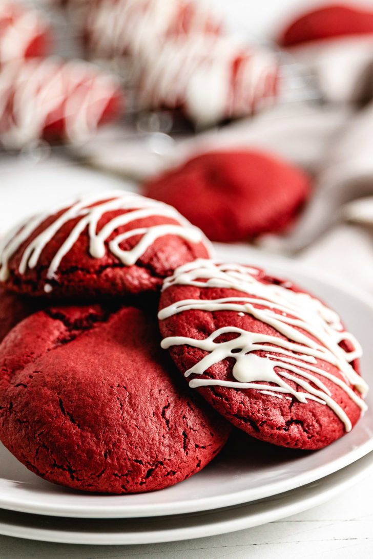 Red velvet cookies on a plate.