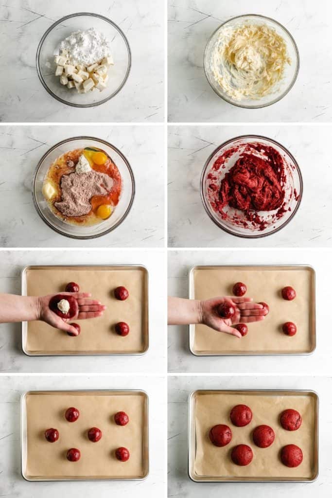 Collage showing how to make red velvet cake mix cookies.