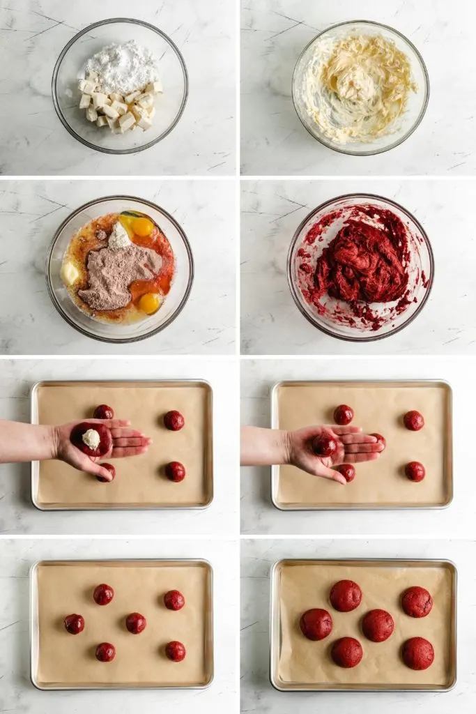 Collage showing how to make red velvet cake mix cookies.