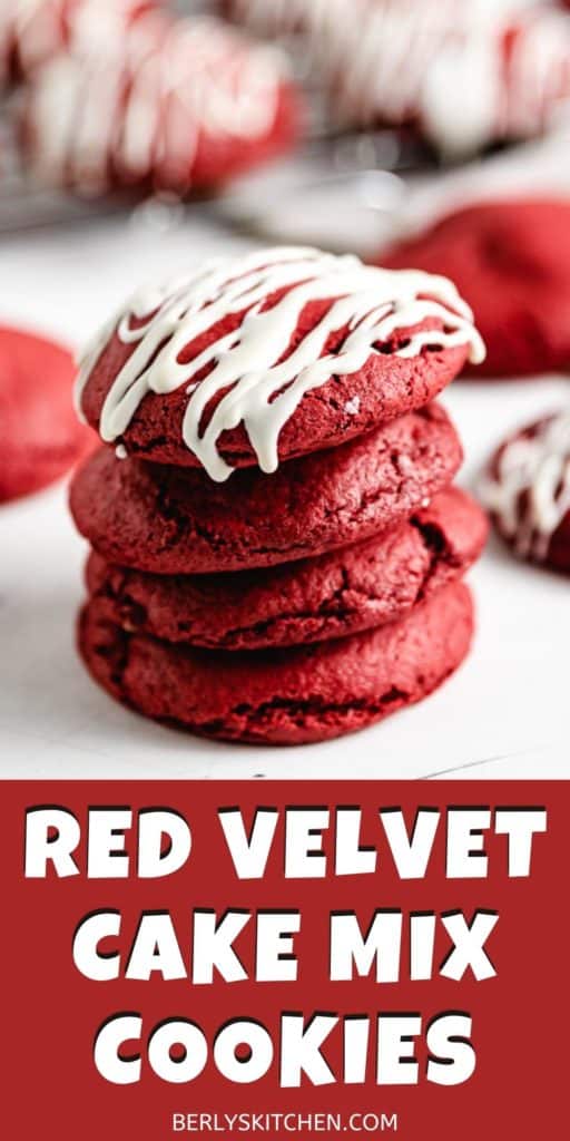 Close up of a stack of red velvet cake mix cookies.